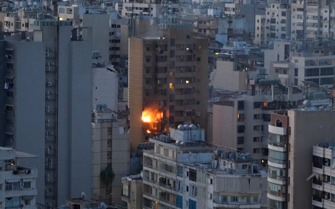 Beirut building ablaze after apparent Israeli strike