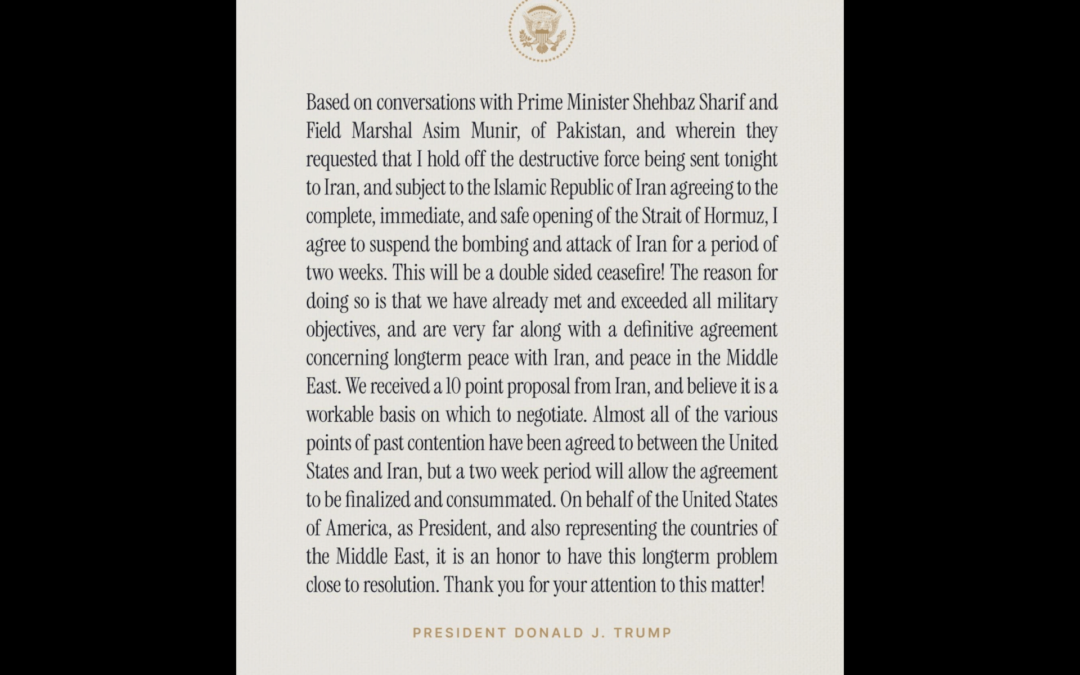 White House confirms two-week suspension of strikes on Iran