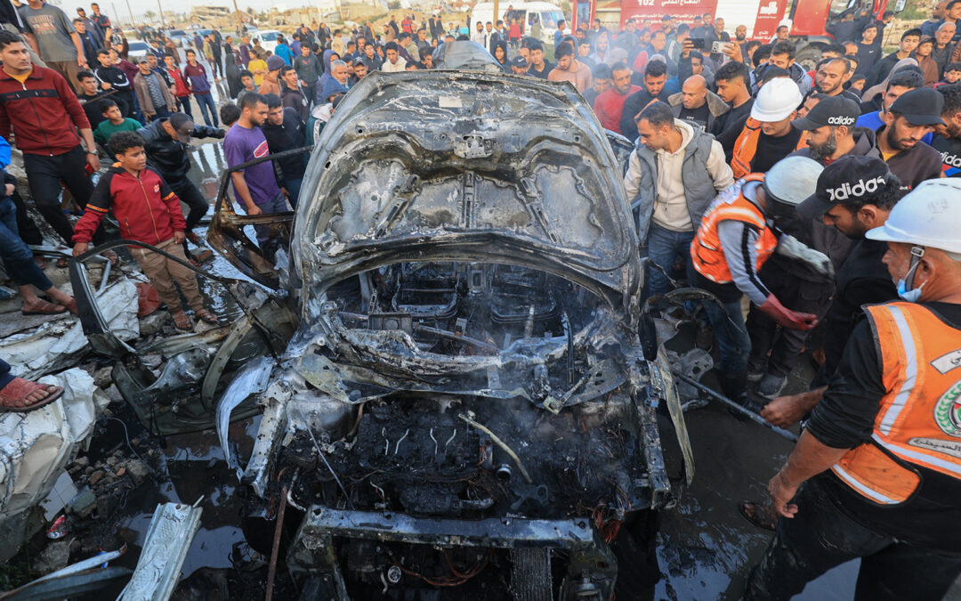 Vehicle engulfed in flames after Israeli drone strike in central Gaza