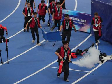 A robot sprinter shatters a 100-meter record again as sparks fly at China’s robot competition