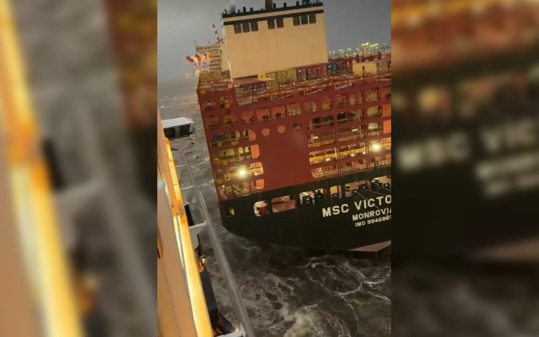 Cruise ship crashes into two container ships during storm